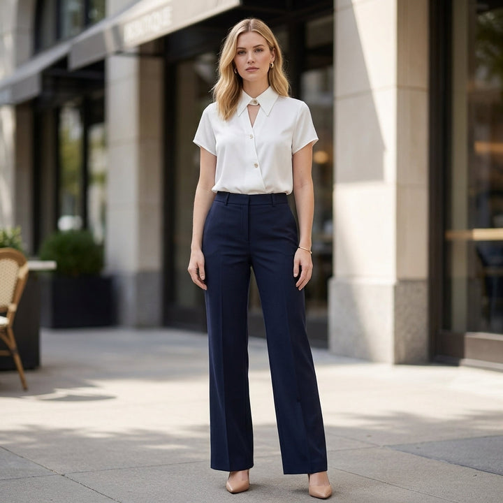 Duttini | Effortless Relaxed Fit Lapel Blouse With Keyhole Neckline And Gold Buttons