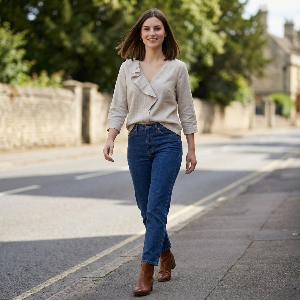 Duttini | Modern Willow Grace Ruffle Trim Relaxed V-Neck Blouse