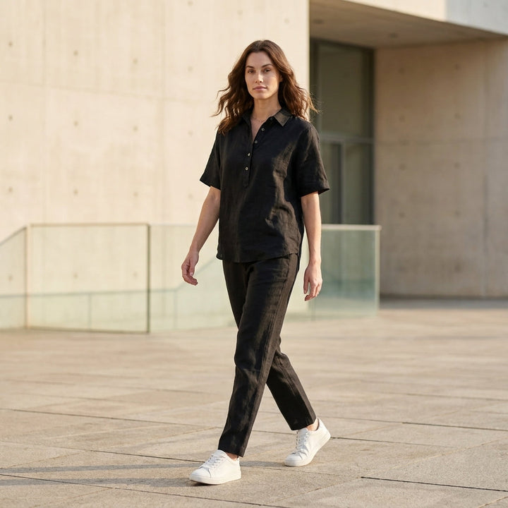 Duttini | Elegant Relaxed Button Front Collared Short Sleeve Blouse