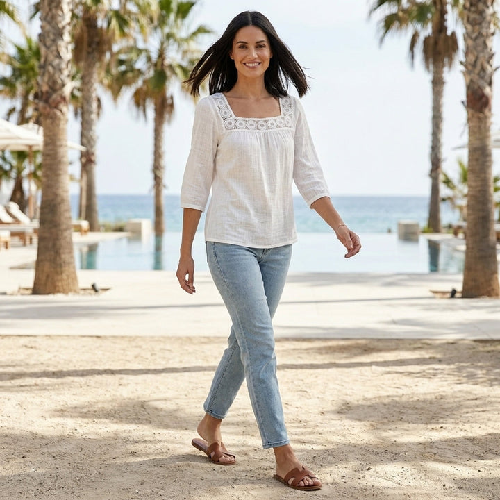 Duttini | Romantic Lace Trim Square Neck Relaxed Blouse