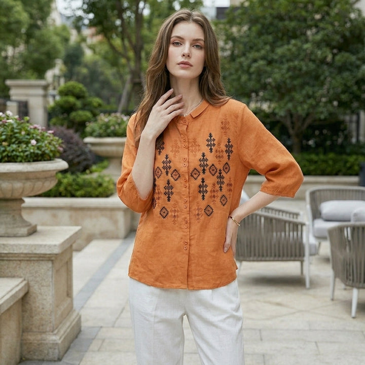 Duttini | Elegant Embroidered Geometric Button-Down Blouse With Stand Collar And Relaxed Fit