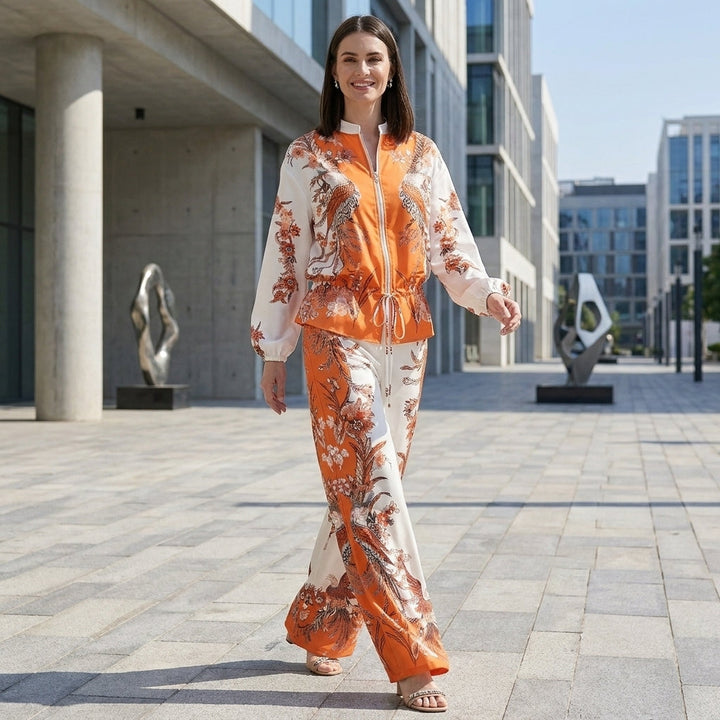 Duttini | Feminine Botanical Zip-Front Top And Wide-Leg Pants Ensemble