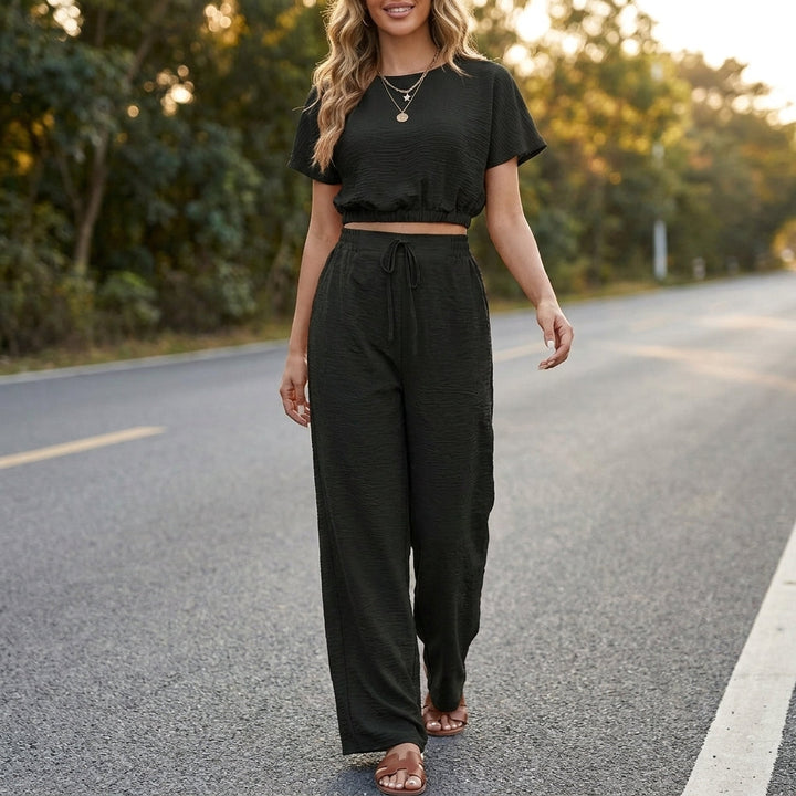 Duttini | Timeless Coastal Breeze Textured Two-Piece Lounge Set With Wide-Leg Pants