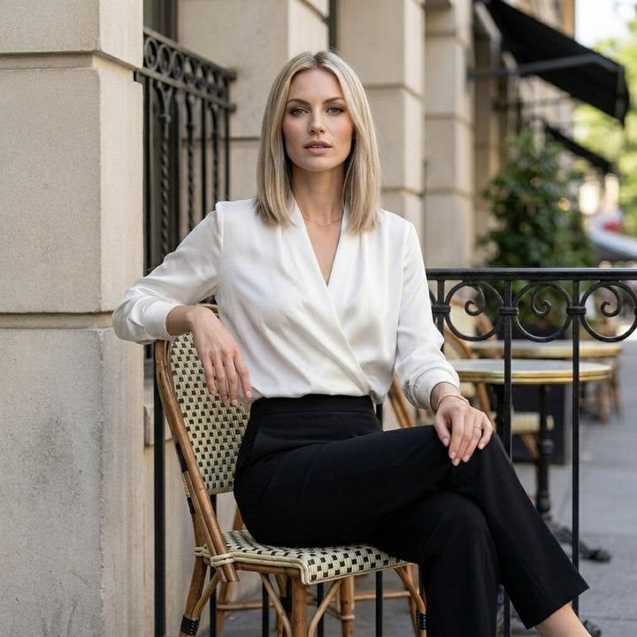 Duttini | Elegant Minimalist V-Neck Blouse With Relaxed Long Sleeves