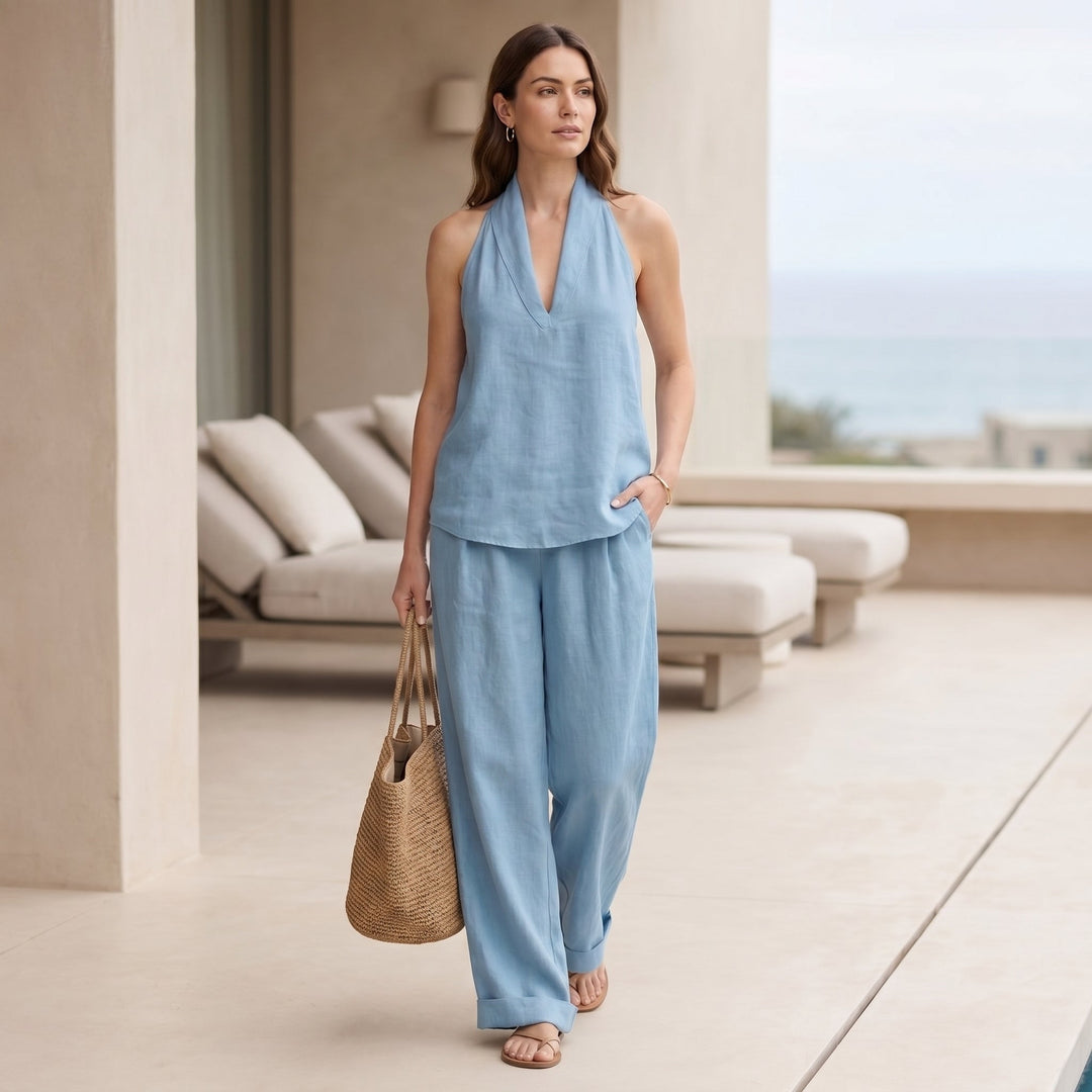 Duttini | Flowing Relaxed Two-Piece Halter V-Neck Set With Wide-Leg Pants