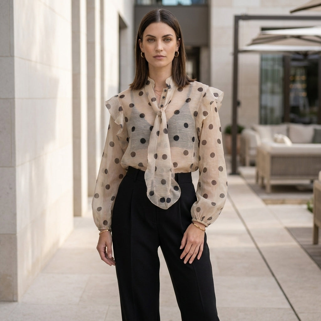 Duttini | Statement Sheer Polka Dot Blouse With Statement Tie Neck And Ruffle Details