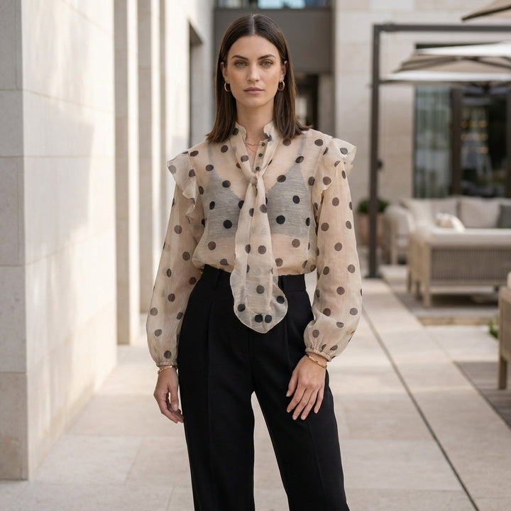 Duttini | Statement Sheer Polka Dot Blouse With Statement Tie Neck And Ruffle Details