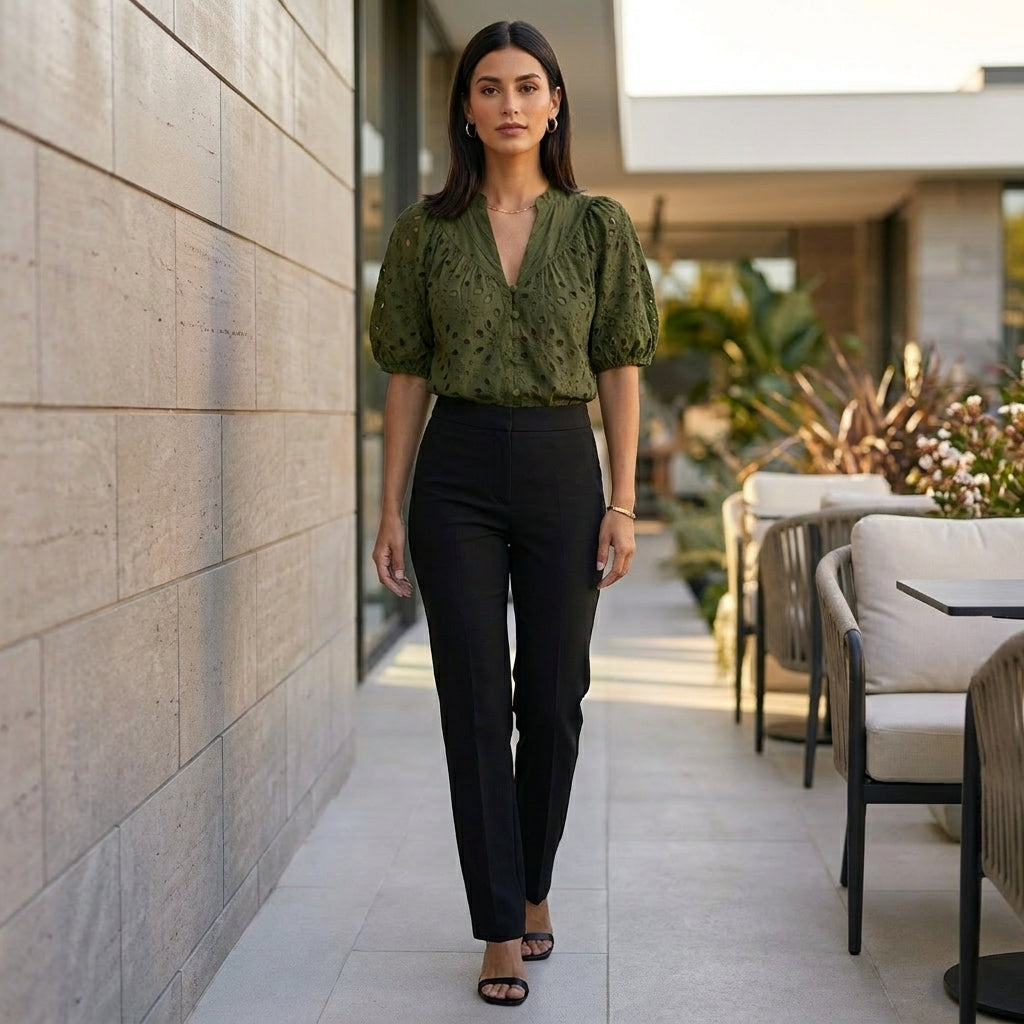 Duttini | Sophisticated Embroidered V-Neck Blouse With Voluminous Lantern Sleeves And Eyelet Detail
