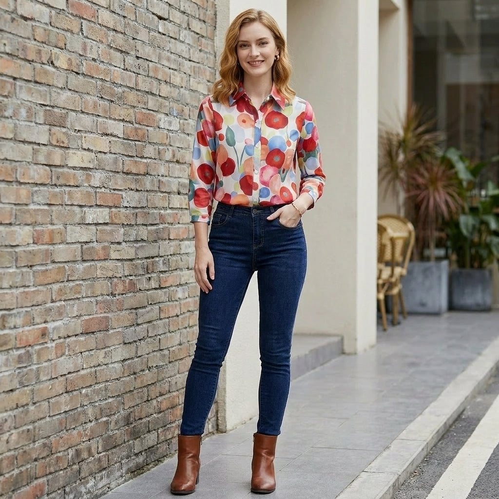 Duttini | Flowing Artistic Floral Button-Up Blouse With Relaxed Silhouette