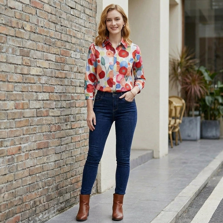Duttini | Flowing Artistic Floral Button-Up Blouse With Relaxed Silhouette