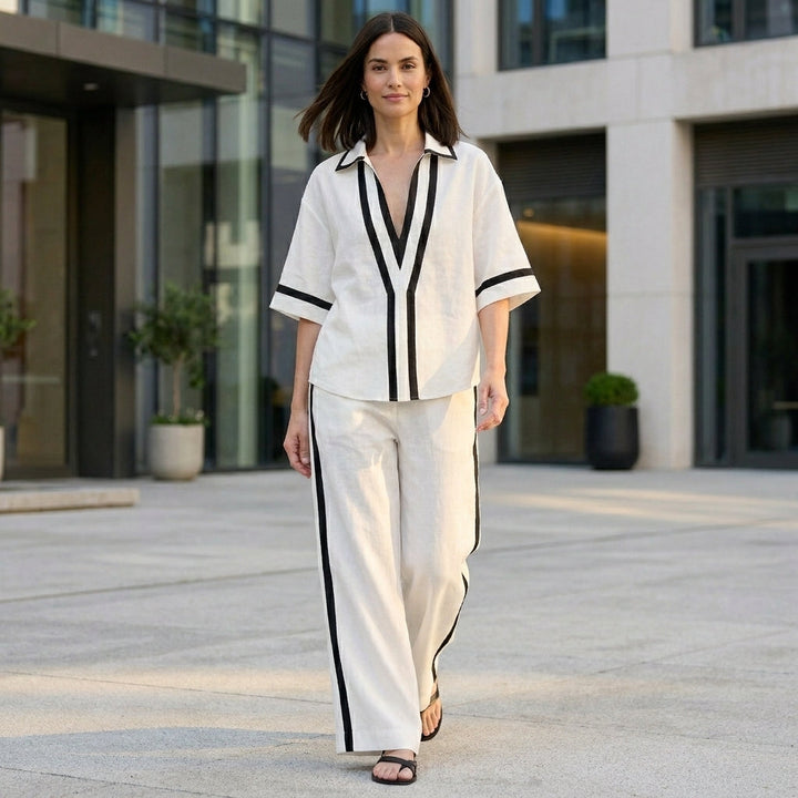 Duttini | Modern Coastal Chic Contrast Trim Top And Wide-Leg Pants Set
