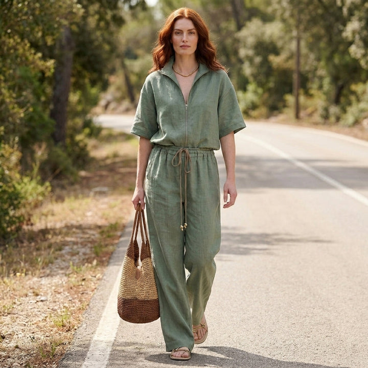 Duttini | Effortless Zip-Neck Top And Wide-Leg Trouser Set