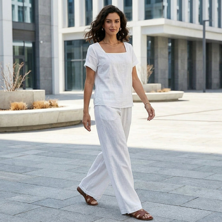Duttini | Graceful Coastal Breeze Relaxed Top And Wide-Leg Pant Set