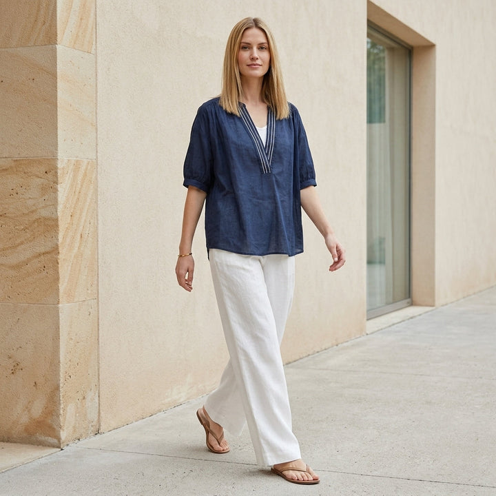 Duttini | Timeless Coastal Breeze Relaxed V-Neck Tunic Blouse