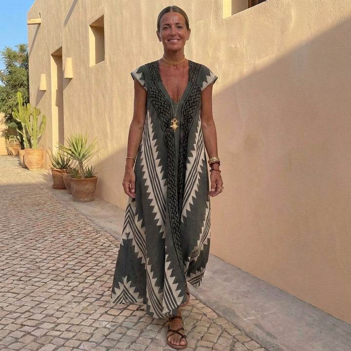 Duttini | Flowing Bohemian-Inspired Flowing A-Line Maxi Dress With Deep V-Neck And Geometric Motifs