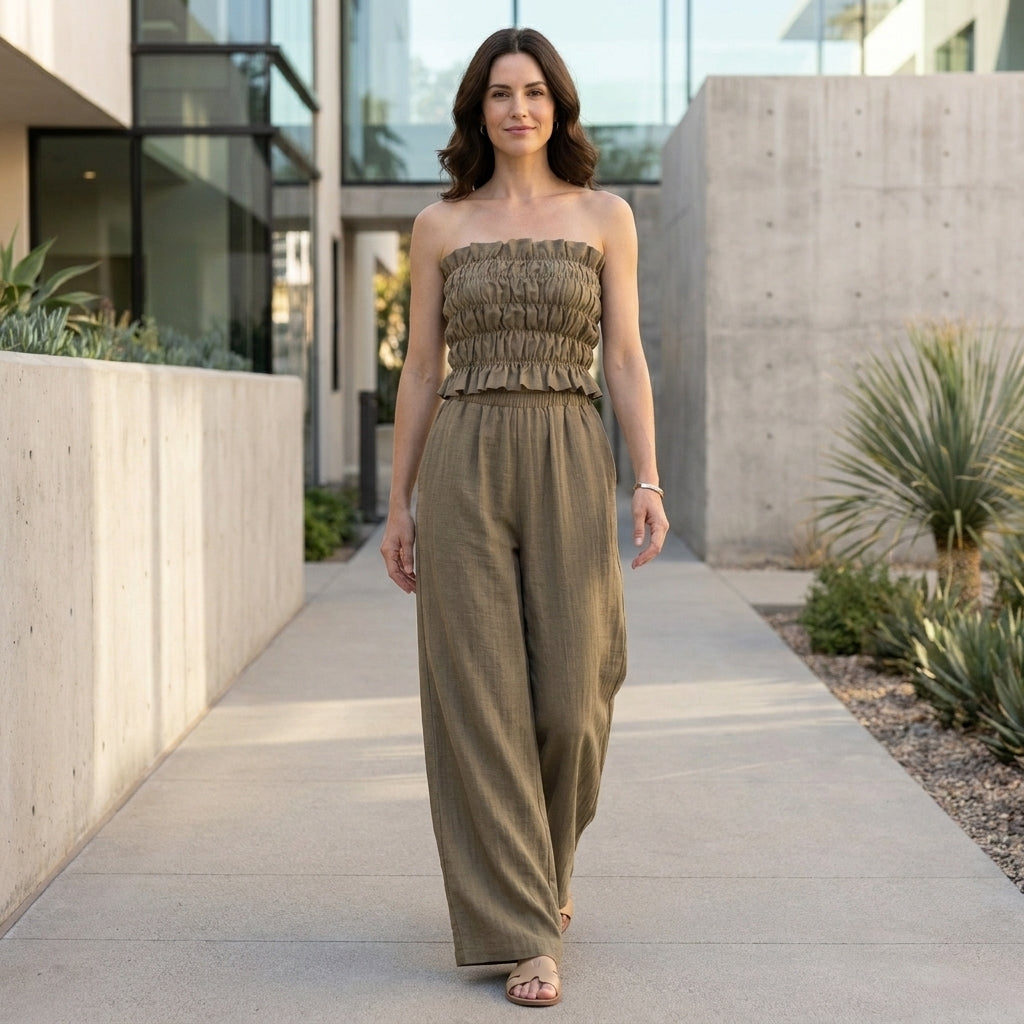Duttini | Feminine Smocked Strapless Top And Wide-Leg Pants Resort Set