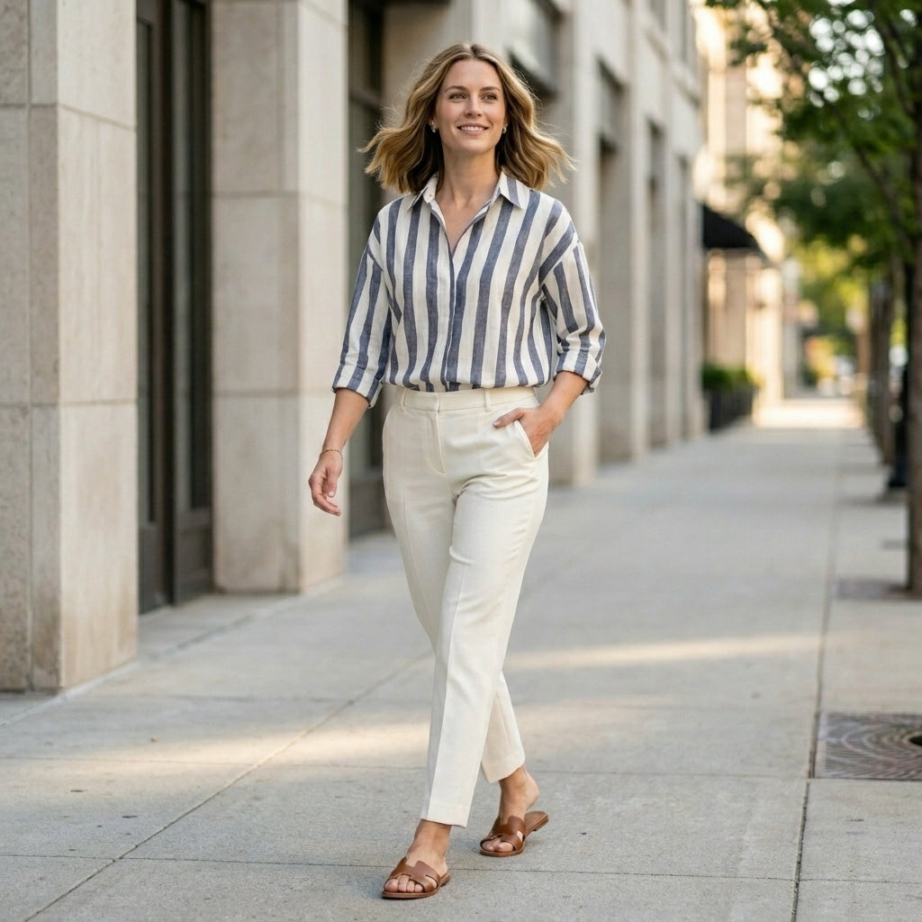 Duttini | Romantic Relaxed Vertical Stripe Button-Up Blouse