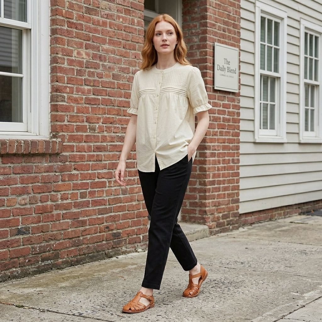 Duttini | Vintage Pintuck Button-Front Puff Sleeve Blouse