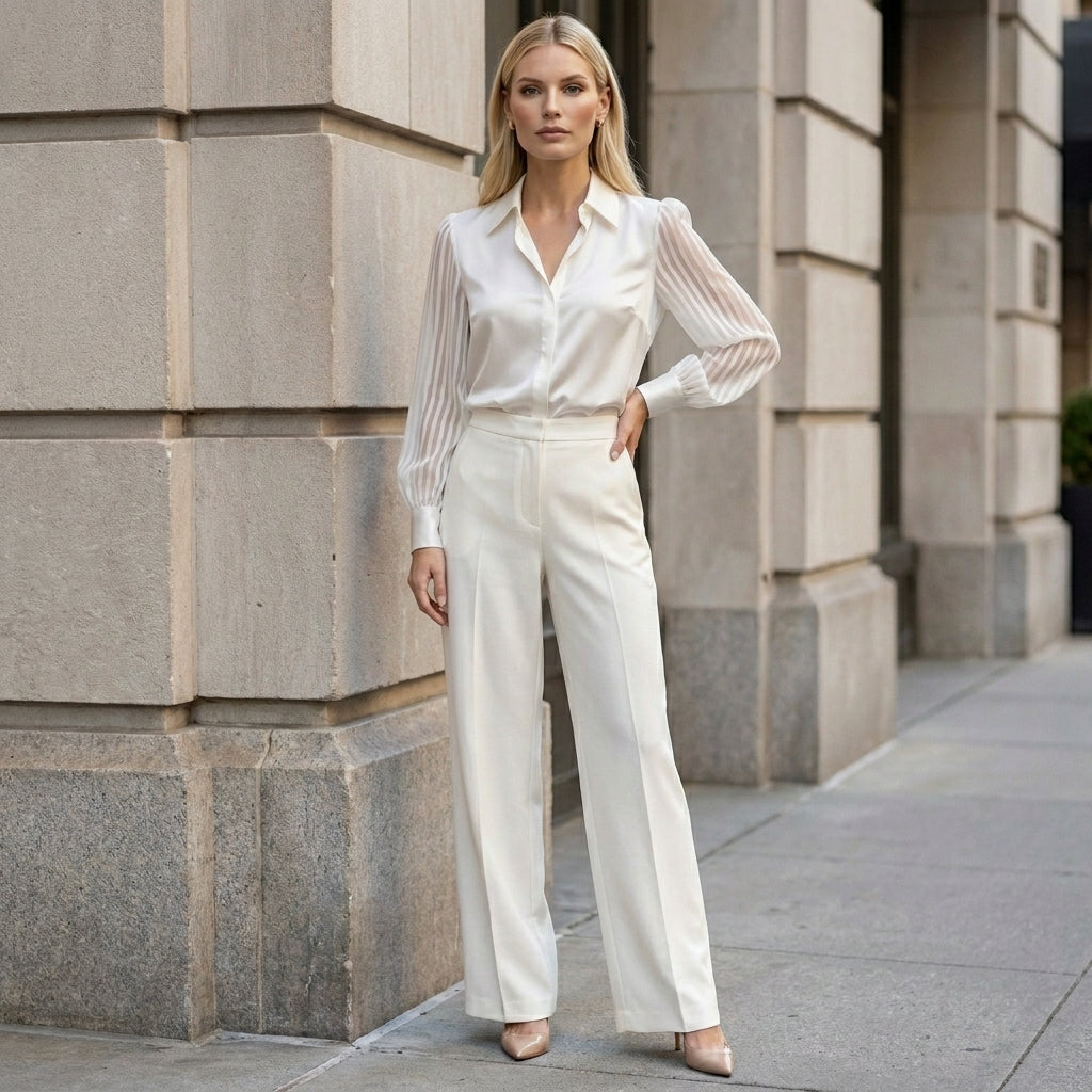 Duttini | Refined Tailored Polo Collar Blouse With Sheer Striped Balloon Sleeves