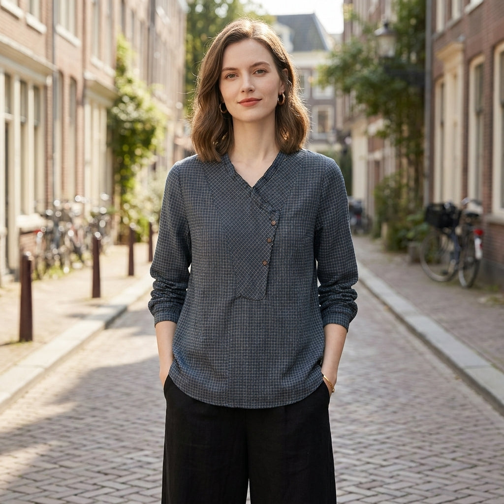 Duttini | Chic Relaxed Geometric Button Blouse With Loose-Fit Sleeves