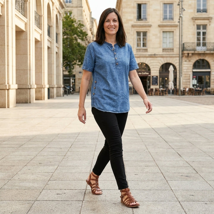 Duttini | Feminine Relaxed Button-Front Denim Look Tunic Top