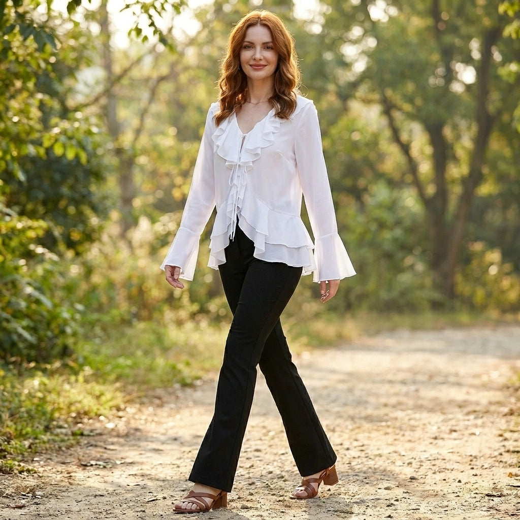 Duttini | Romantic Seaside Romance Ruffle Tie-Front Blouse