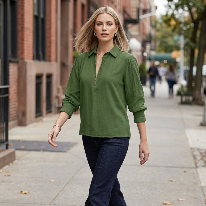 Duttini | Chic Relaxed Fit Half-Zip Pullover Blouse With Gathered Shoulders