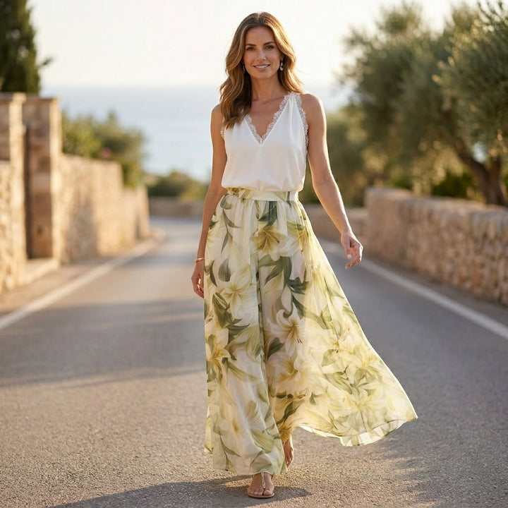 Duttini | Romantic Seaside Halter Top And Flowing Palazzo Pants Resort Set