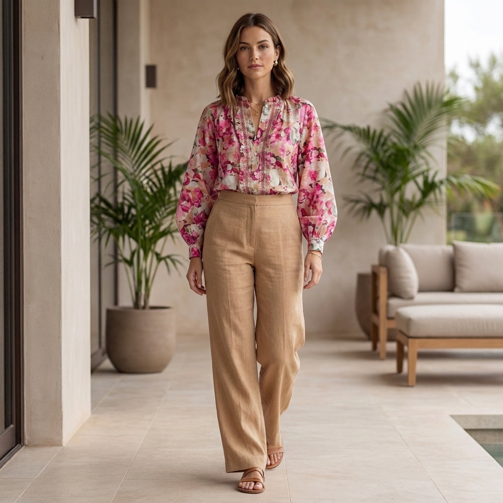 Duttini | Flowing Floral Ruffle-Trimmed Long-Sleeve Blouse With Bishop Sleeves