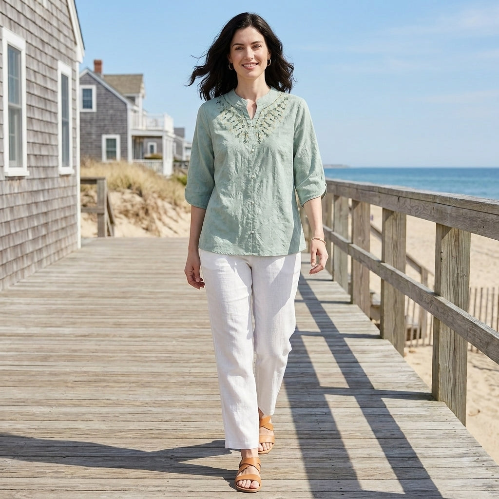 Duttini | Elegant Embroidered Notch Neck Relaxed Everyday Blouse