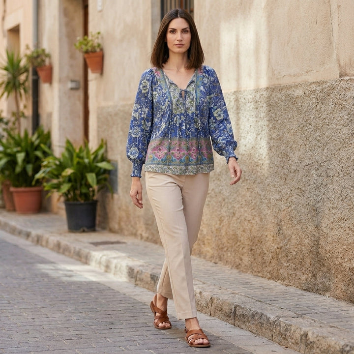 Duttini | Flowing Bohemian Floral Patchwork Peasant Blouse With Tassel Tie Neck