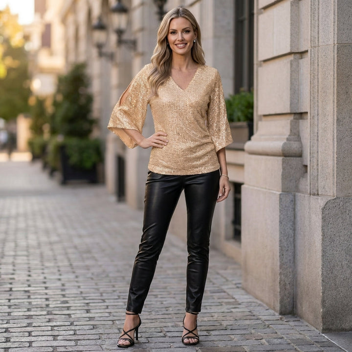 Duttini | Feminine Shimmering Wrap-Style Sequin Blouse With Split Sleeves