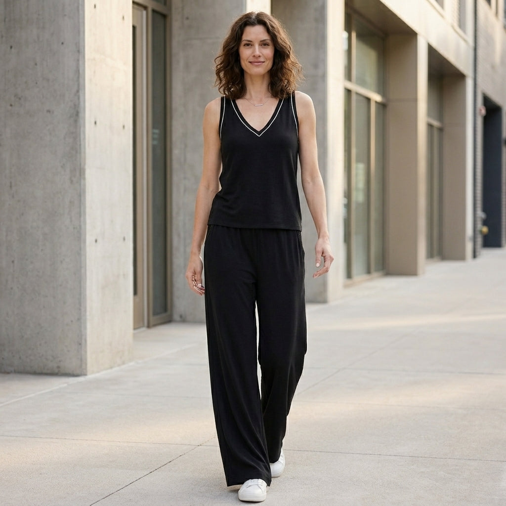Duttini | Timeless Relaxed V-Neck Sleeveless Lounge Set With Wide-Leg Pants