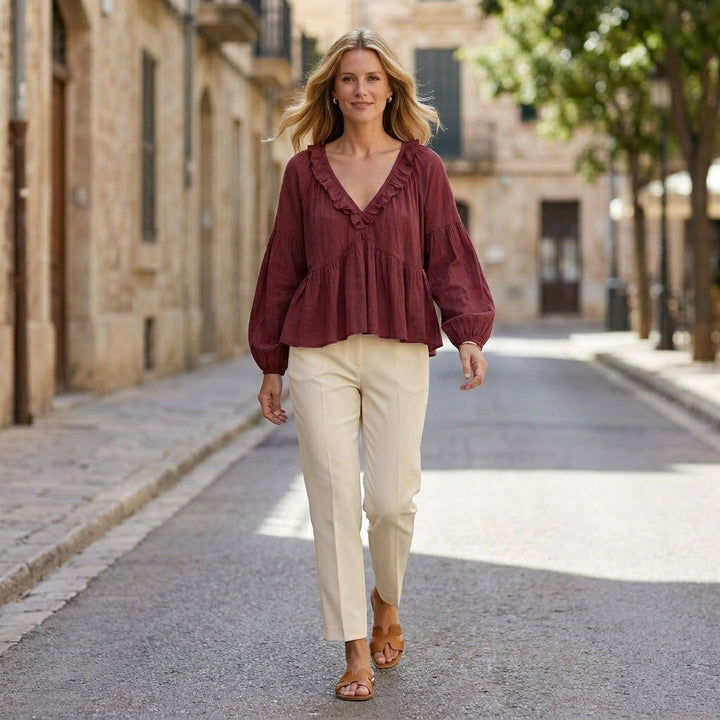 Duttini | Elegant Ruffle Trim V-Neck Peplum Blouse