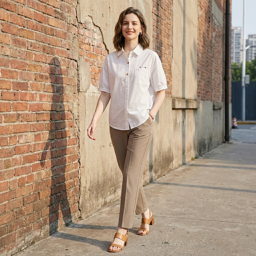 Duttini | Classic Puff Sleeve Button-Front Everyday Shirt Blouse