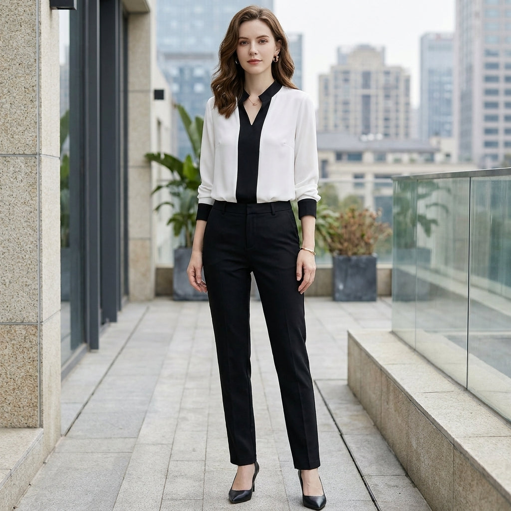 Duttini | Effortless Tailored Color-Block Chiffon Blouse With Stand Collar And V-Neck