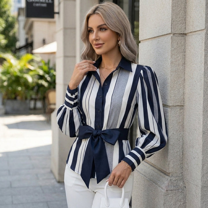 Duttini | Sculpted Striped Puff Sleeve Blouse With Elegant Waist Tie Silhouette