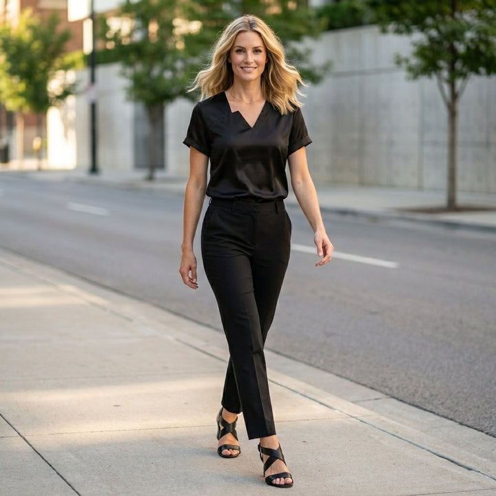 Duttini | Chic Notched V-Neck Satin Blouse With Short Sleeves