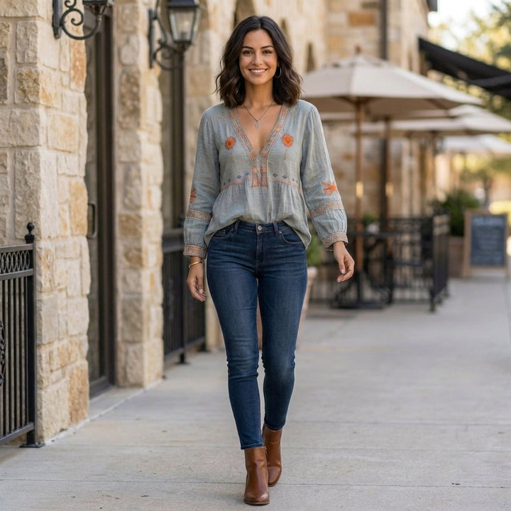 Duttini | Graceful Embroidered V-Neck Blouse With Wide Cuffs And Peplum Detail