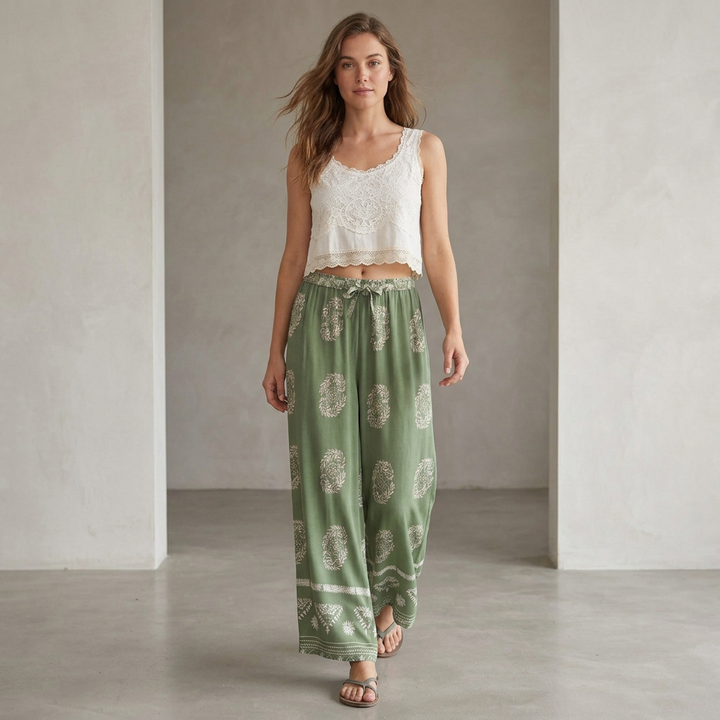 Duttini | Flowing Wide-Leg Floral & Geometric Patterned Ankle-Length Pants
