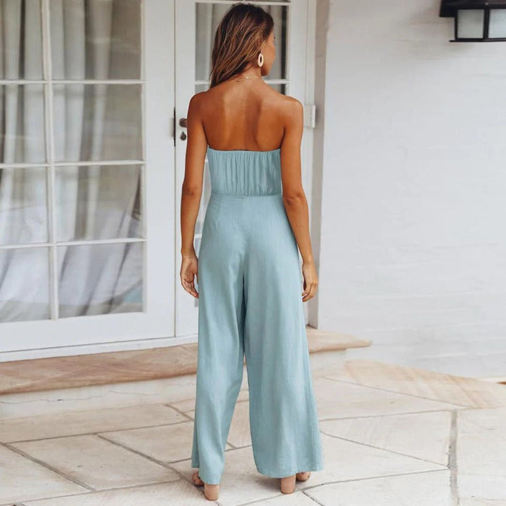 Duttini | Modern Strapless Tie Waist Wide Leg Jumpsuit