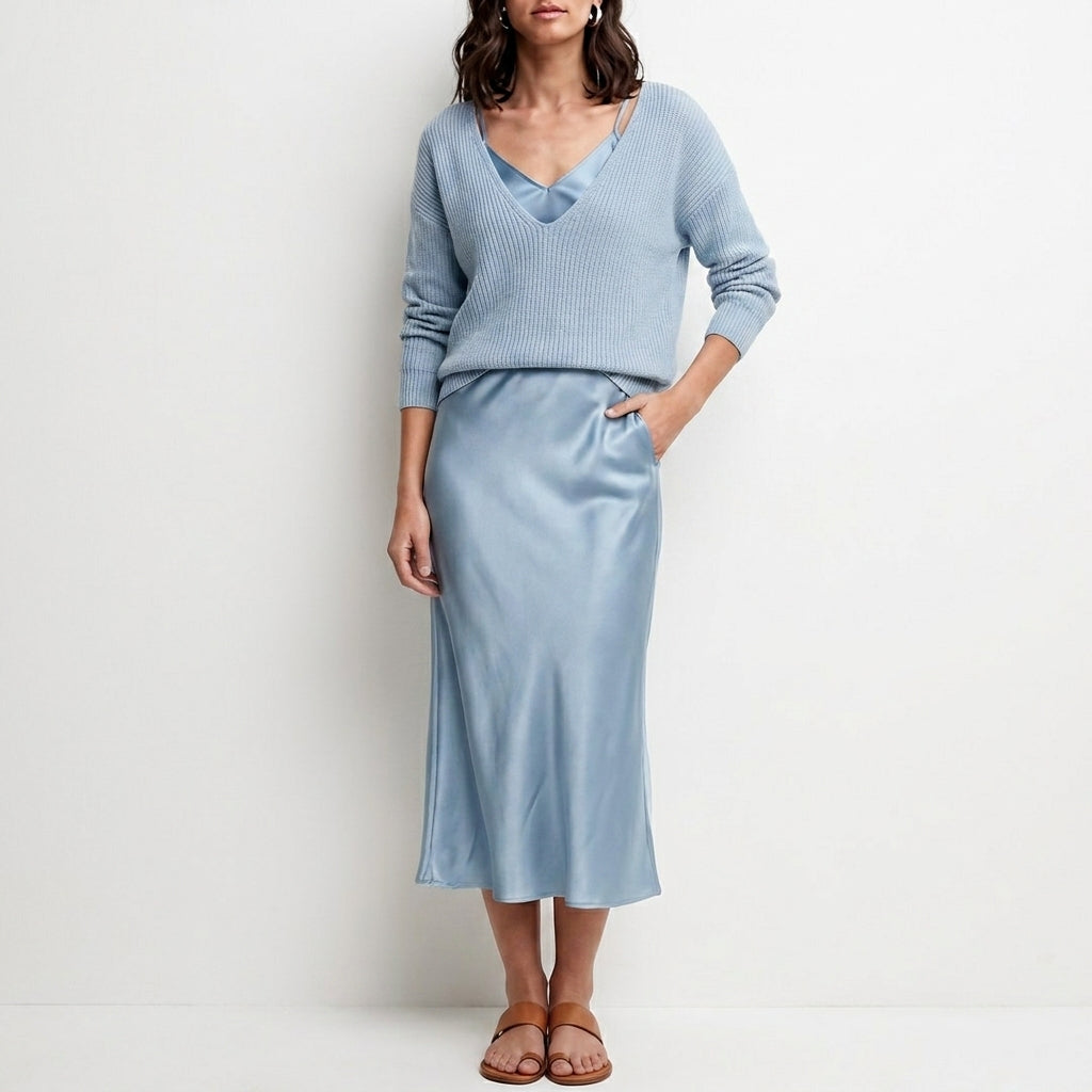 Duttini | Modern Relaxed V-Neck Knit Top And Satin Maxi Skirt Set