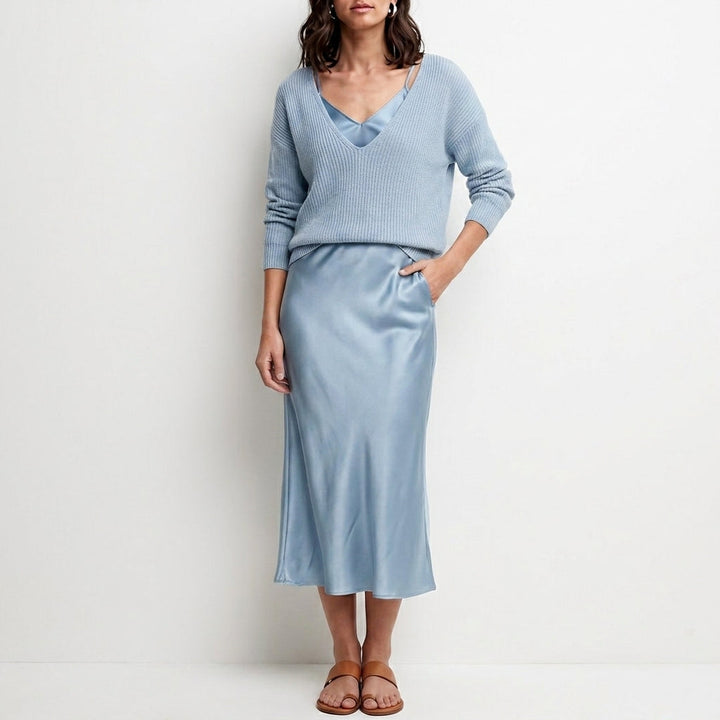 Duttini | Modern Relaxed V-Neck Knit Top And Satin Maxi Skirt Set