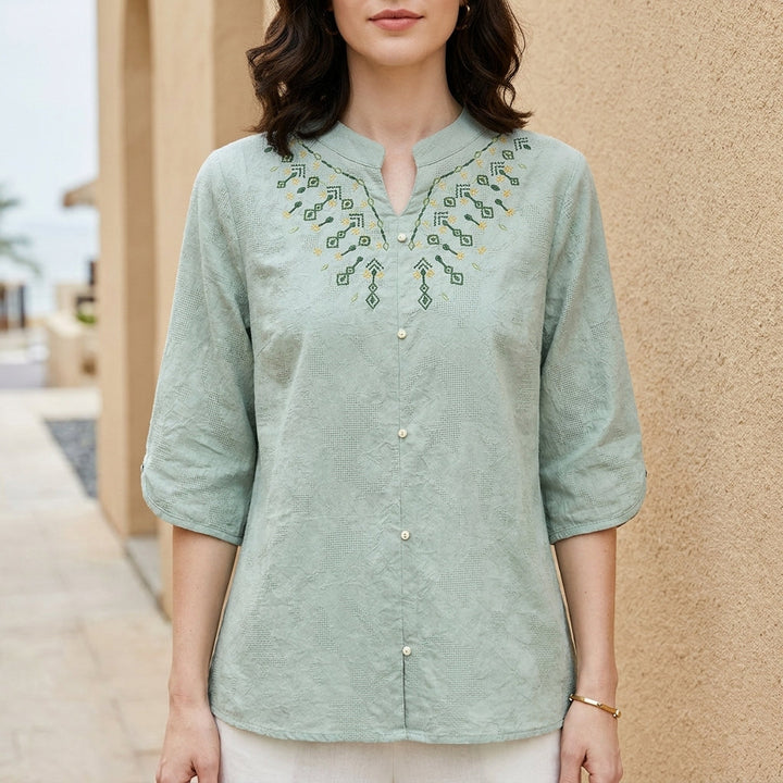 Duttini | Elegant Embroidered Notch Neck Relaxed Everyday Blouse