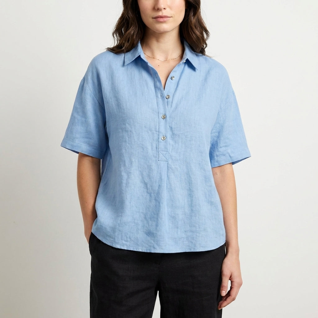 Duttini | Elegant Relaxed Button Front Collared Short Sleeve Blouse