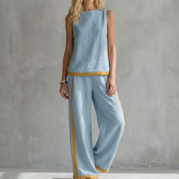 Duttini | Timeless Contemporary Sleeveless Two-Piece Set With Wide-Leg Trousers And Contrast Trim