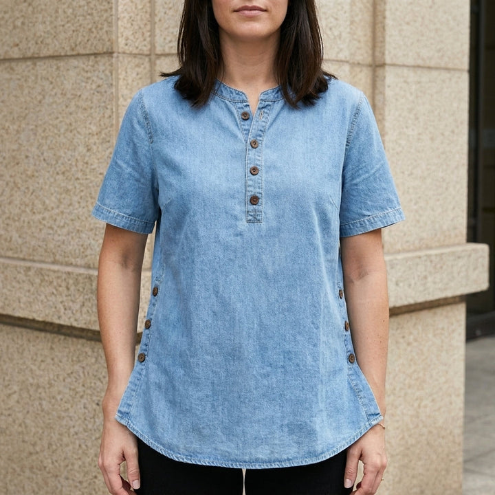 Duttini | Feminine Relaxed Button-Front Denim Look Tunic Top
