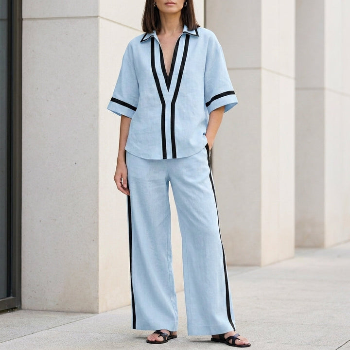 Duttini | Modern Coastal Chic Contrast Trim Top And Wide-Leg Pants Set