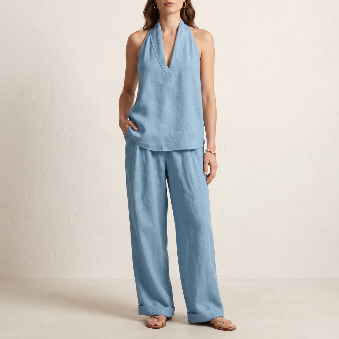 Duttini | Flowing Relaxed Two-Piece Halter V-Neck Set With Wide-Leg Pants