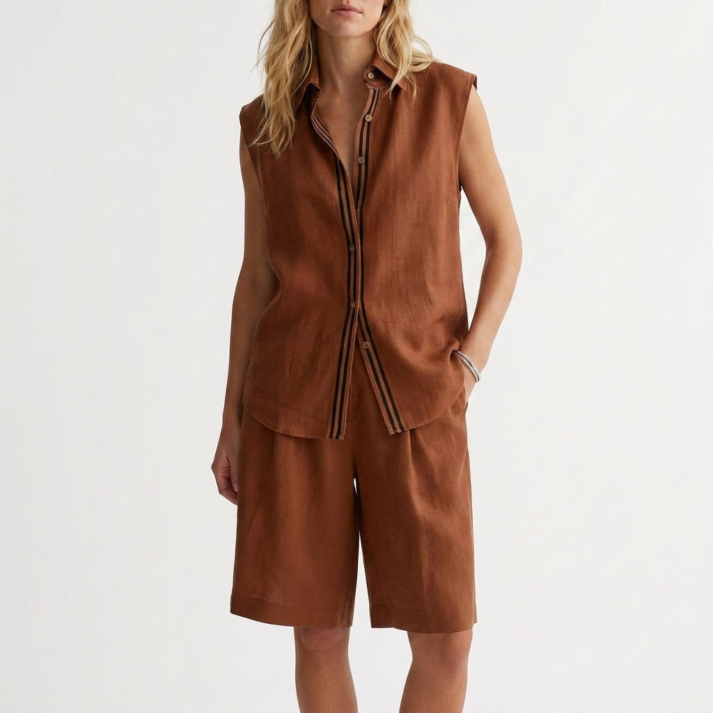 Duttini | Elegant Relaxed Sleeveless Button-Up Shirt And Wide-Leg Pleated Shorts Set